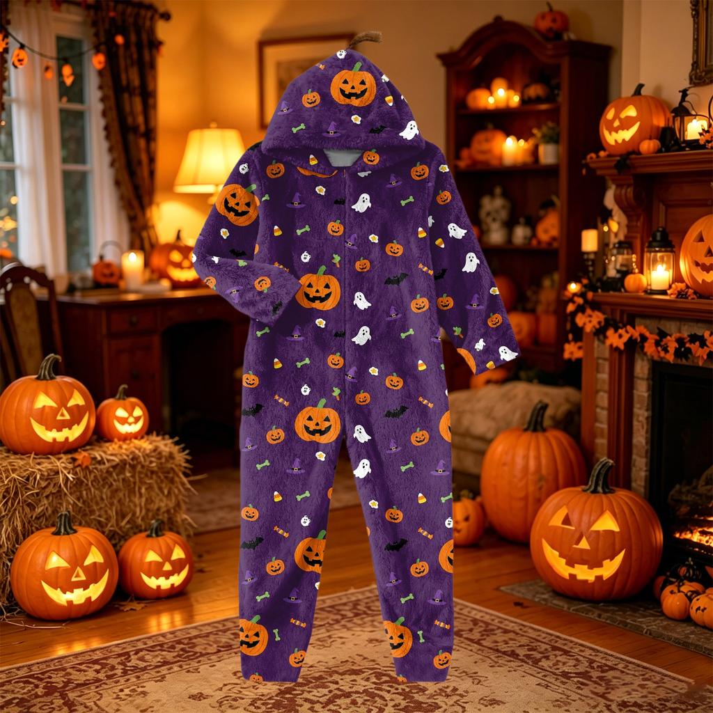 Damen Flannel Overall Loungewear Set mit Halloween-Print für den Urlaub