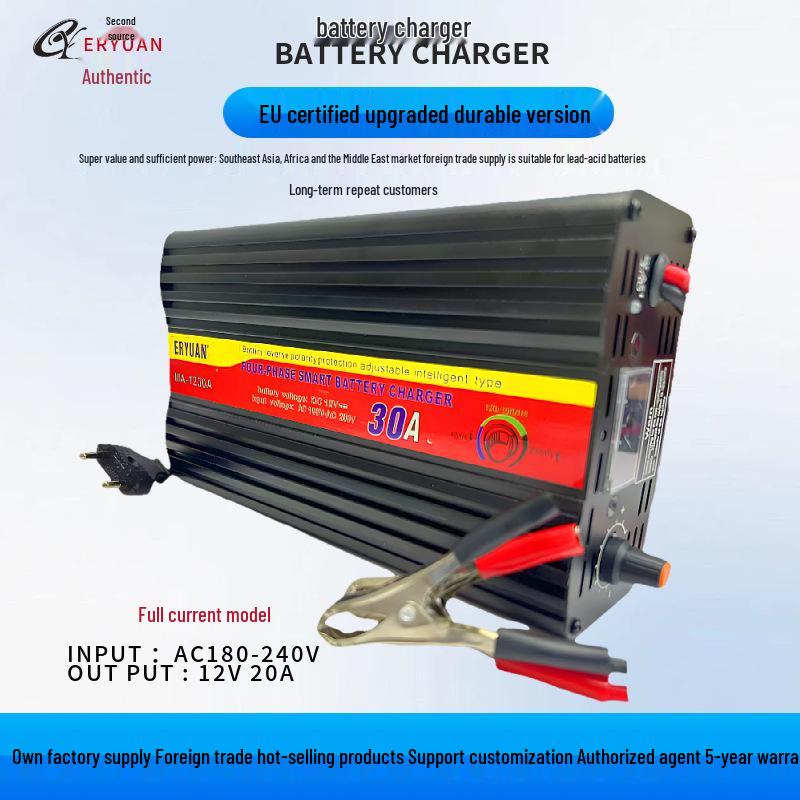 12V 30A Lead-Acid & 14.6V 20A LiFePO4 Battery Charger, Anti-Reverse Protection, Auto Stop.