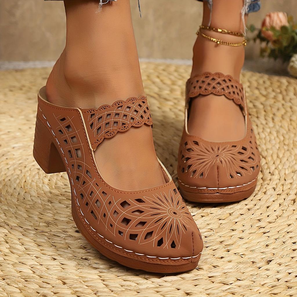 Summer Women's High-heeled Sandals,Elegant Retro Hollow Out Breathable, European and American Style Round Toe Thick Heel Sandals