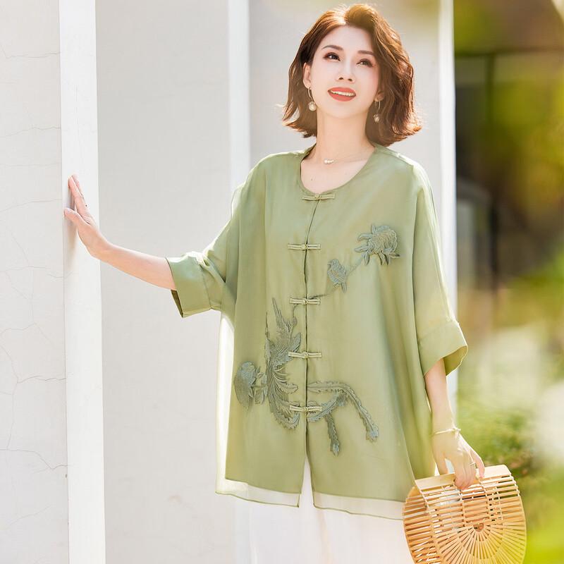Summer Chinese Style Embroidered Chiffon T-shirt XL