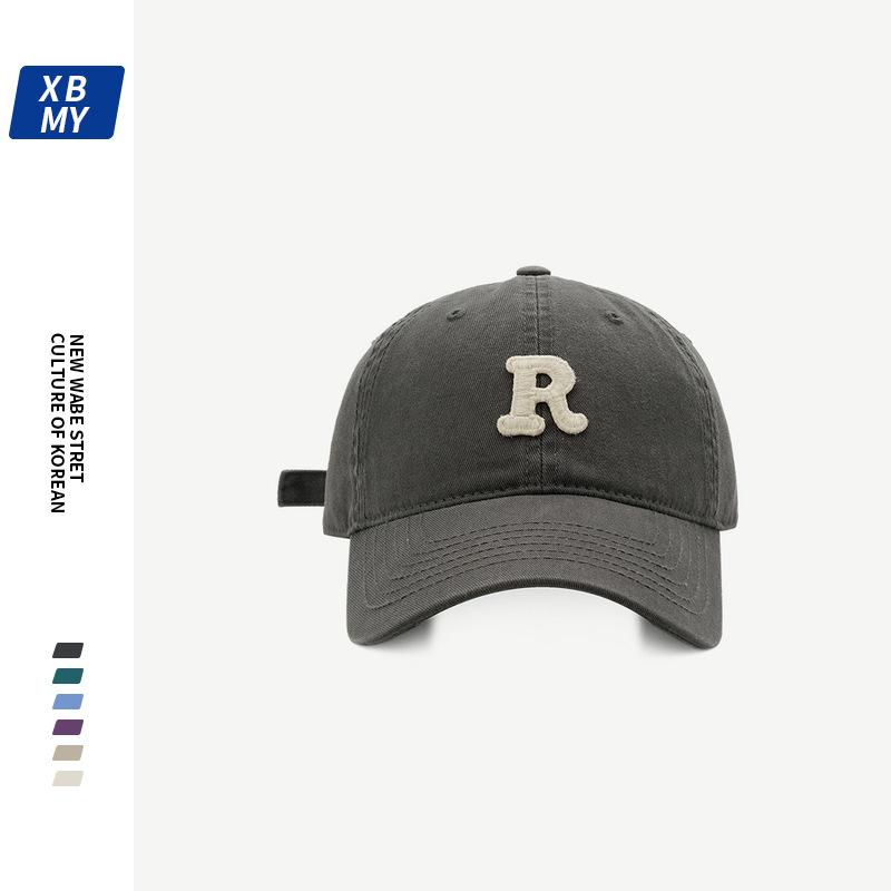 R Letter embroidered soft-top baseball cap for men, Korean style, niche design, suitable for large head sizes, makes the face look smaller, versatile