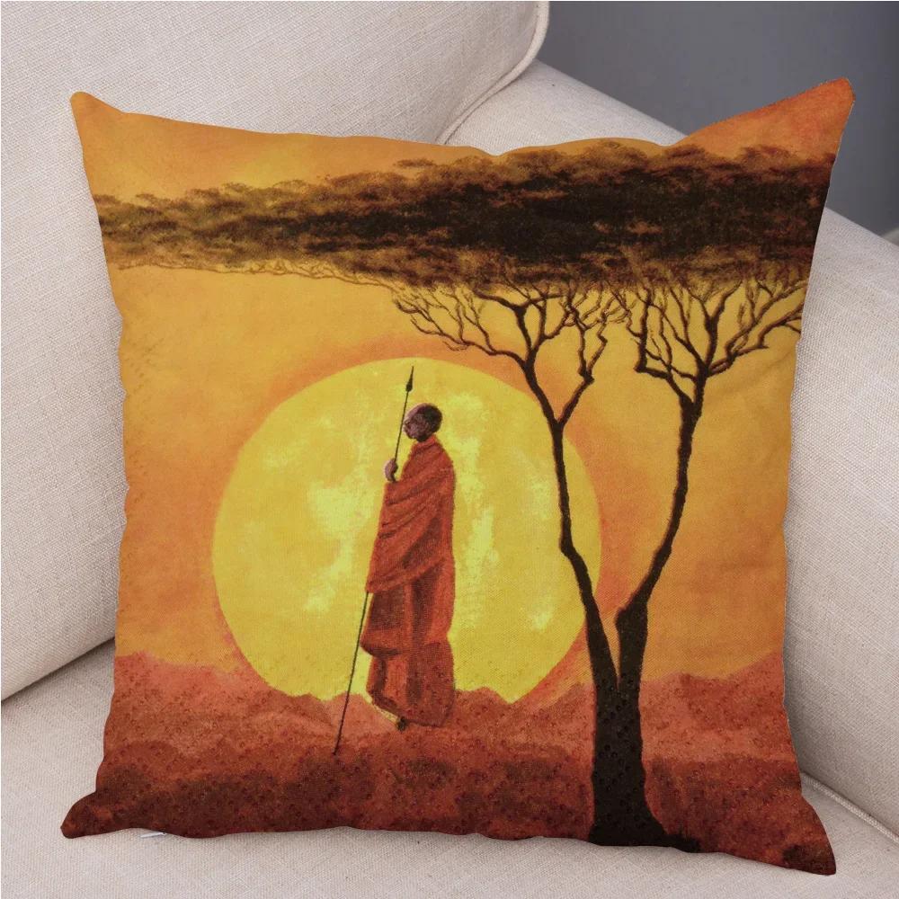 African Woman Soft Plush Cushion Cover for Sofa Home Decor Orange Abstract Painting Pillow Case Africa Life Collection Pillowcae