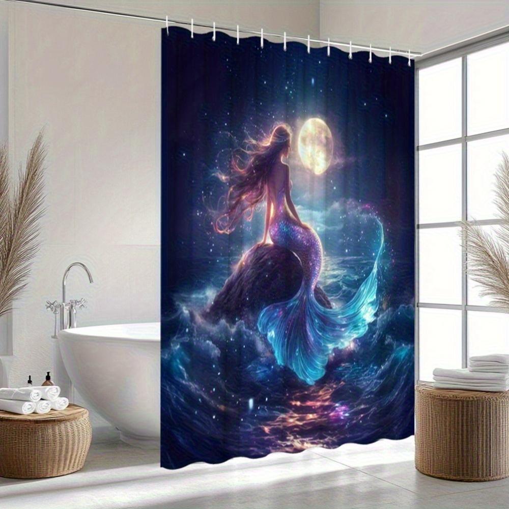 Enchanting Mermaid Moonlight Print Waterproof Shower Curtain For Bathroom,Magical Ocean Design High-End Toilet Partition Curtain