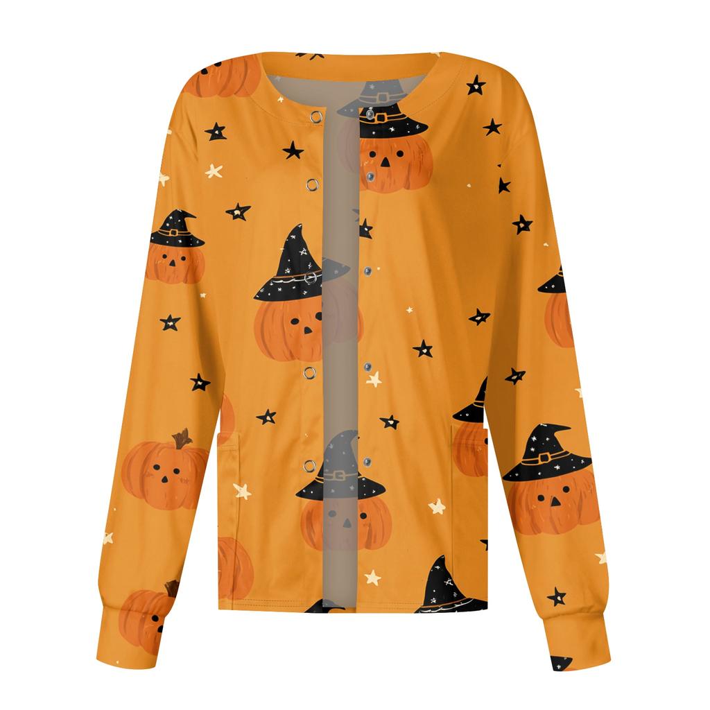Women's Long Sleeve Single Breasted Halloween Print Scrub Cardigan Top for Nurses and Caregivers