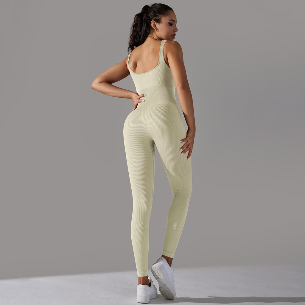 Seamless Knitted Thread Solid Color Tight Flat Collar Jumpsuit For Sports Running, Fitness Yoga, And Fitness