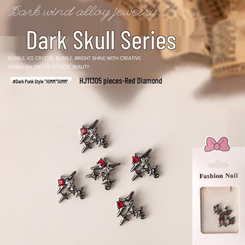 Dark Skull Retro Chrome Heart Scarlet Cross Nail Rhinestone Embellishments - 5 Pcs