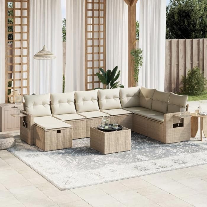Exclusive House - Garden Set with Cushions 9 Pcs Beige Braided Resin
