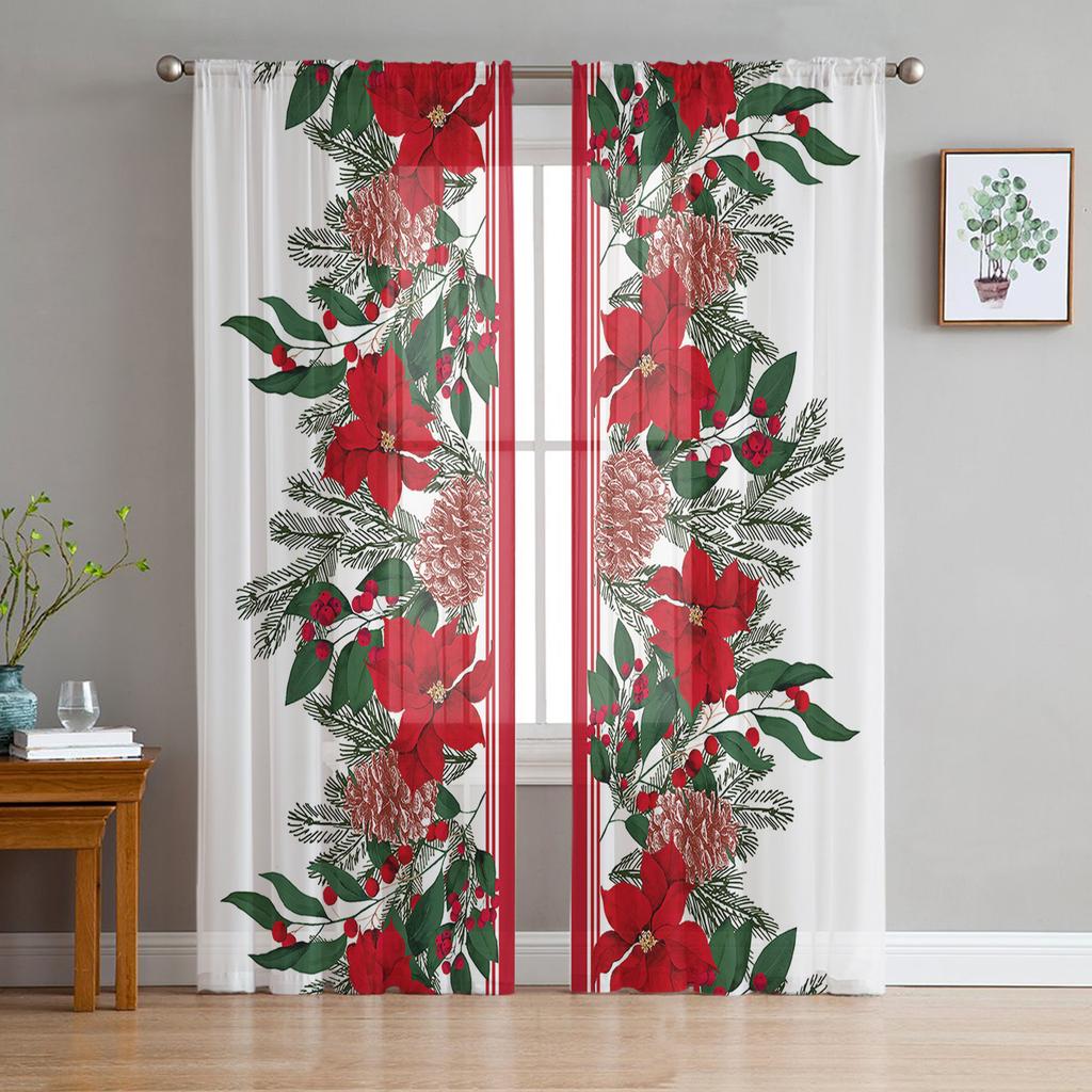 Christmas Fir Tree Robin Poinsettia Winter Tulle Window Curtain Voile Organza Valance Living Room Bedroom Decor Sheer Curtains