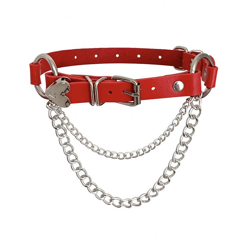 Punk PU leather collar heart-shaped peach heart chain necklace original goth neck chain love exaggerated collarbone chain