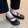 Niche One-word Belt Retro Round Head Thick Heel Single Shoes Women's Versatile Button Elastic Band Light Mouth Soft Leather Mary Jane Leather Shoes