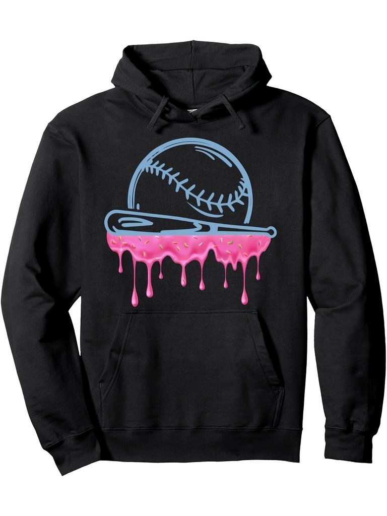 Men's Baseball Ice Cream Drop Sweater, Black with Pink Drops and Blue Baseball Bat Logo, Ultra-Soft Blend Pullover, Kangaroo Pocke