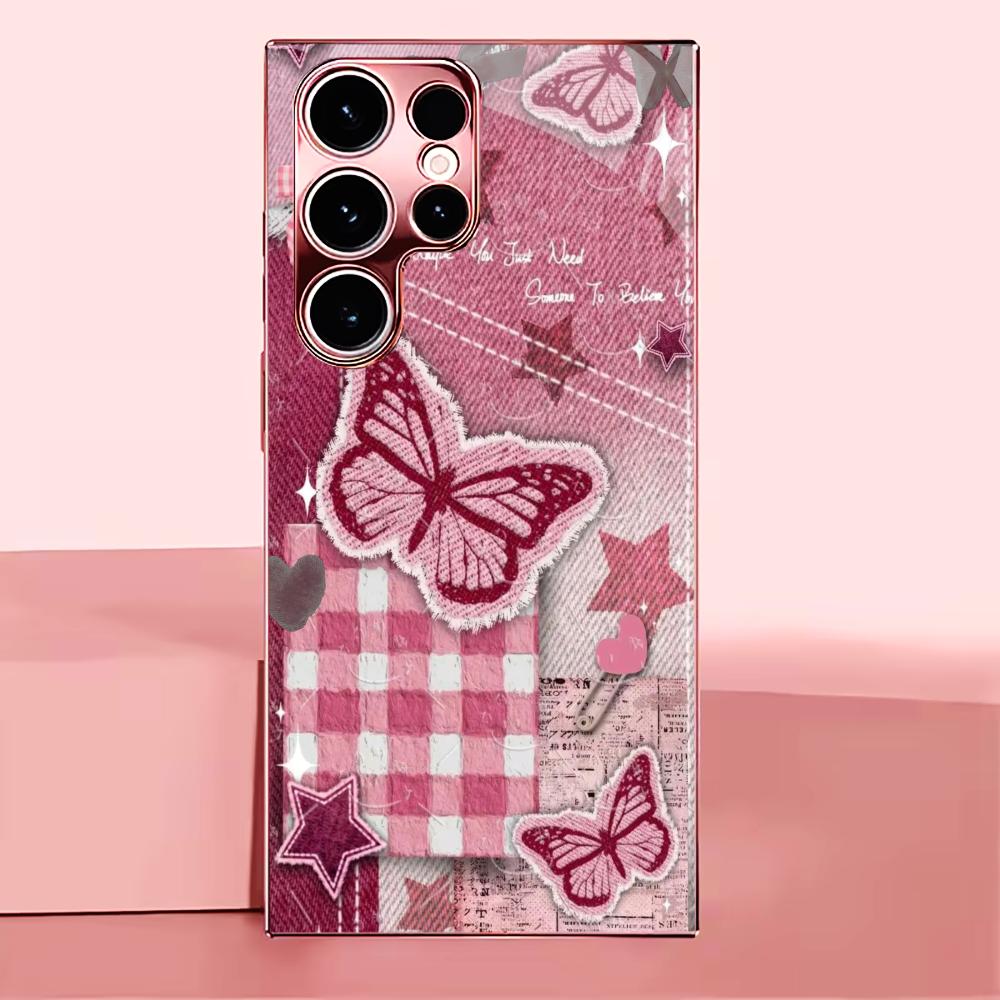 Star and Butterfly Pattern Madam Pink Glass PhoneCase for Samsung Galaxy S26 S25 S24 S23 S22 S21 FE Ultra Plus Dropresistant