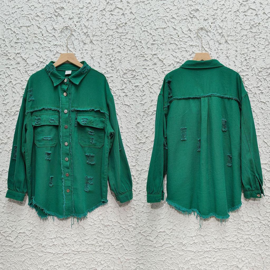 Ny 2023 Dame Høst/Vinter Denim Cardigan - Ensfarget, Enkeltradet Skjortejakke med Nedslått Krage