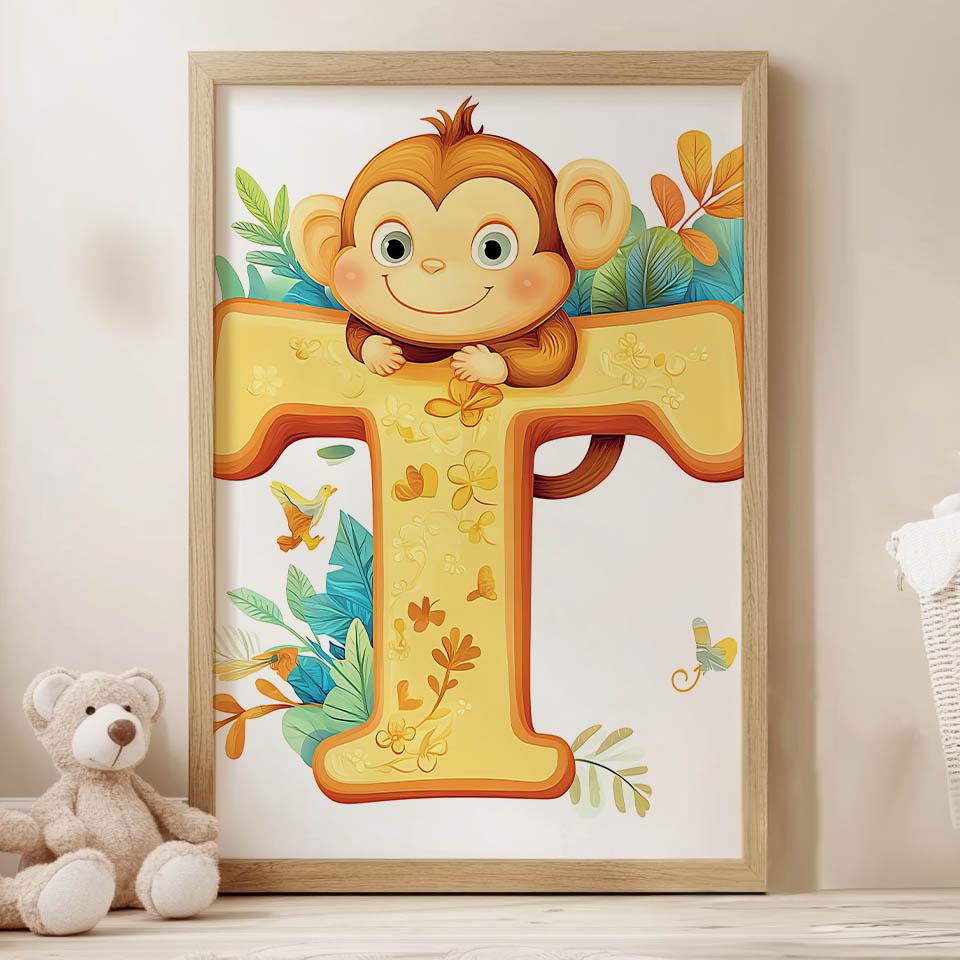 Plakat Wesoła Małpka Z Literą T Plakat Wesoła Małpka Z Literą T, 70X100 Cm, Bez Ramy, Papier Matowy 230 Gsm
