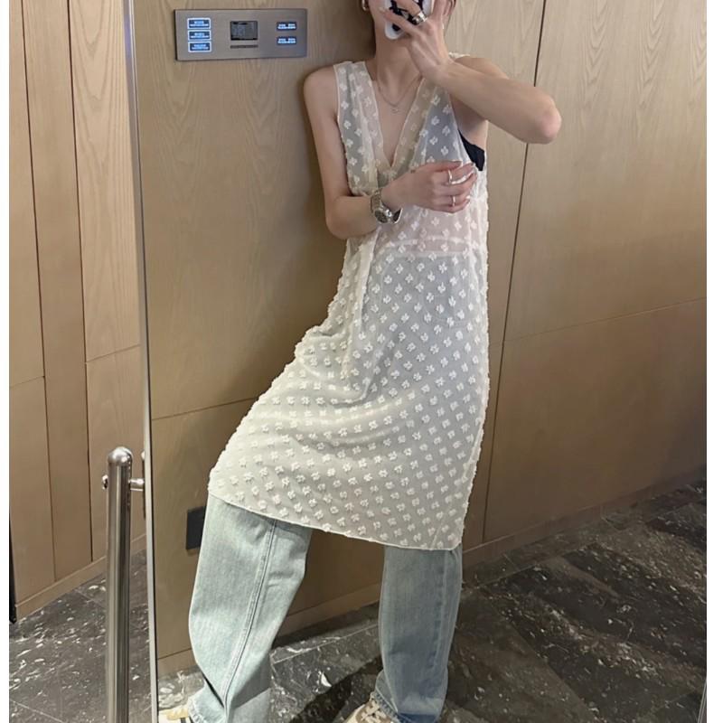 2025 Spring Retro Polka Dot Sheer V-Neck Layered Dress