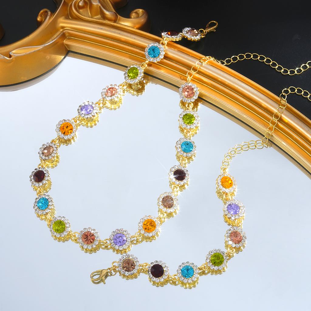 2PCS Colorful Zircon Necklaces Bracelets Sets Fashion Exquisite Flower Stainless Steel Jewelry For Women Daily Party Accessories