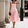 ZANZEA Women Elegant Square Collar Casual Sleeveless Pleated Dress