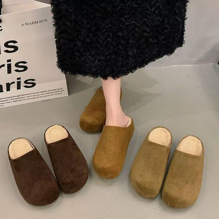 Thick bottom inner heightening bag head half slippers outer wear  new autumn and winter velvet one-pedal Birkencotton slippers