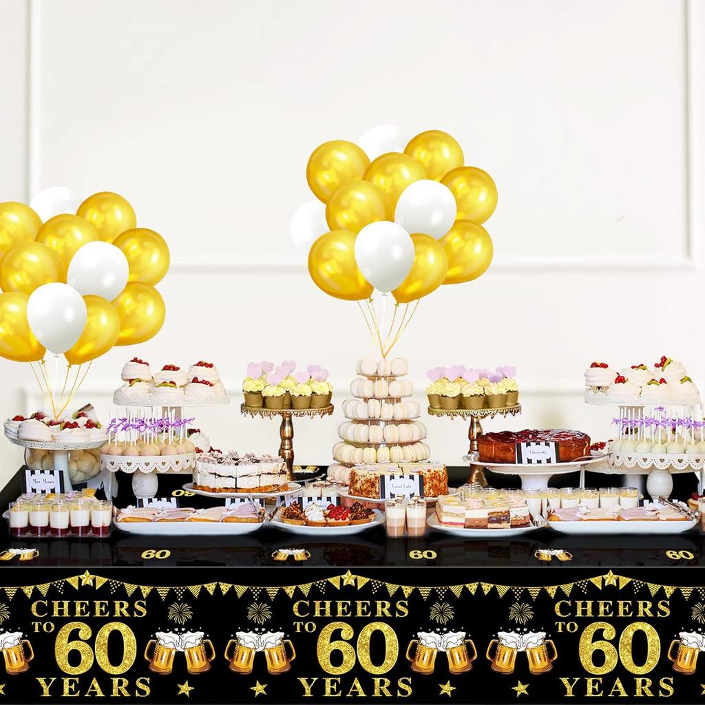 3 Packs Black Gold 60th Birthday Tablecloth Decorations for Men Women, Cheers to 60 Years Table Cover Party Supplies, Sixty Years Old Birthday