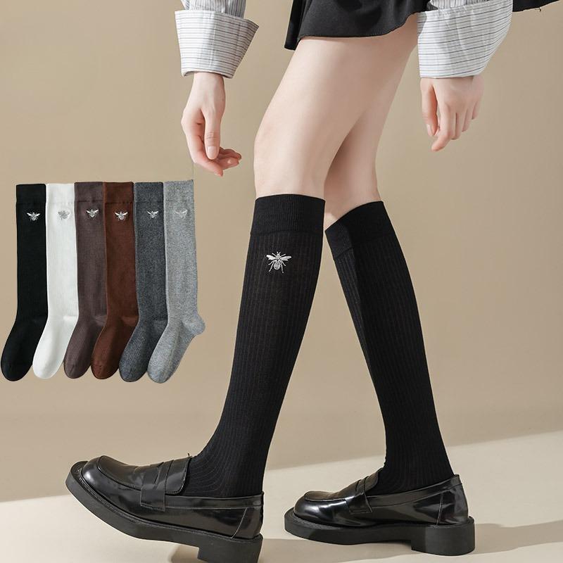 Women Stockings Bee Embroidery Long Socks Solid Color Black White Gray Stockings Knitted Cotton Knee Socks Women Stockings