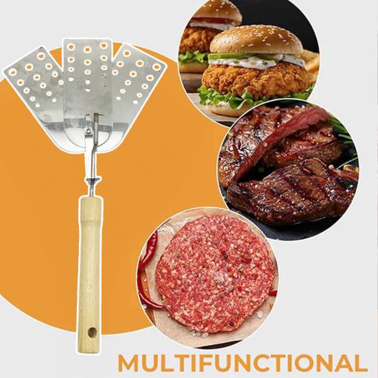 Three-Blade Grooving Shovel Stainless Steel Foldable Spatula with Wooden Handle Easy Clean Heat Resistant Cooking Tool