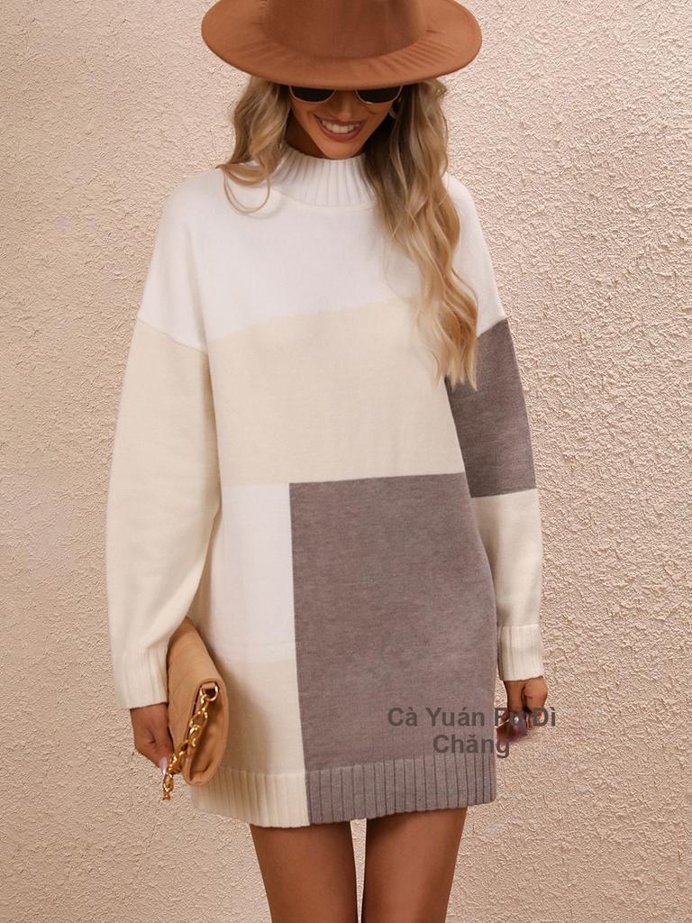 Fall Winter New Arrivals Patchwork Imported Dress Long Sleeve Knit Sweater Women