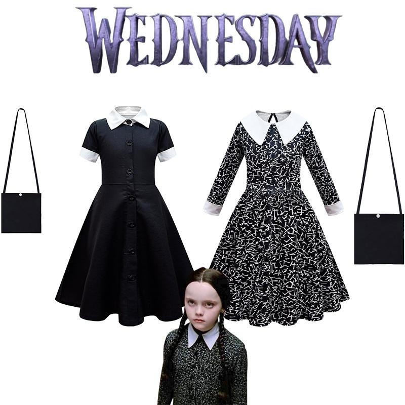 Addams Family Wednesday Cosplay Kostüm-Luxuriöses Schwarzes Kleid für Halloween Weihnachtsfeier