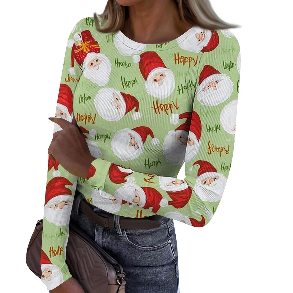 Women's Fashion Slim-Fit Round Neck Base Layer T-Shirt Christmas Print Long-Sleeved Top