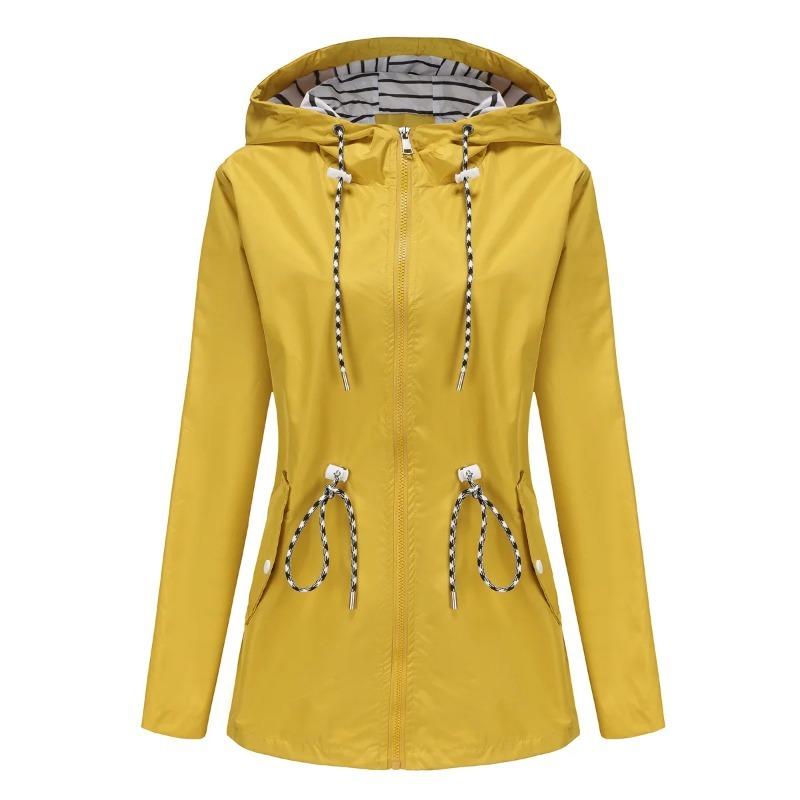 Red Waterproof Hooded Jacket Women Fashion Casual Coat Waist Drawstring Tie Zipper Switch Blue Green Yellow Black Windbreaker