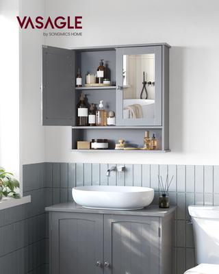 Mobile da Bagno con Specchio, Mobile da Parete con 2 Ante a Specchio e Scomparto Aperto, Ripiano Regolabile, Montaggio a Parete, 13 x 56,5 x 58,5 cm