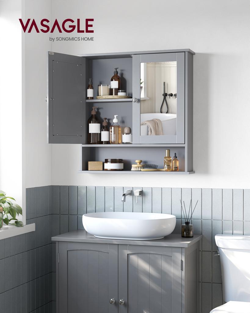 VASAGLE Bathroom Cabinet with Mirror, Wall Cabinet with 2 Mirrored Doors and Open Compartment, Adjustable Shelf, Wall-Mounted, 13 x 56.5 x 58.5 cm