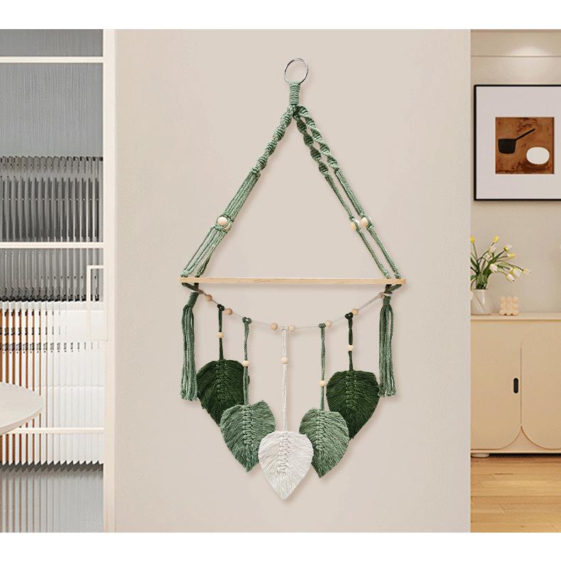 Bohemian Macrame Wall Shelf, Hand‑woven Cotton Rope Leaf Wall Hanging Decor