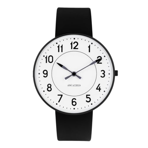 ARNE JACOBSEN STATION 53412-2001B Watch, 40mm, Scandinavian Design, Water Resistant (Quiet Design with No Second Hand), White with Black Leather Strap