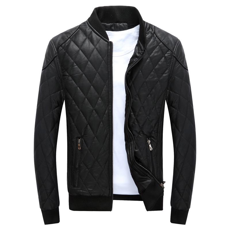 Youth Blue Leather Jacket with Stand Collar, Zipper, Side Pockets, and Round Hem - European-American Style, Winter Collection.
