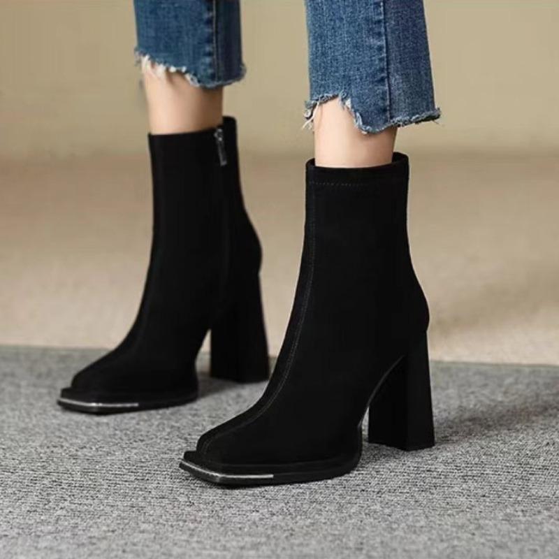 Fashion Luxury Women Boots Fashion Square Head Patent Leather Boots Side Zipper Ankle Boots for Women Suede Leather High Heel Boot Botas