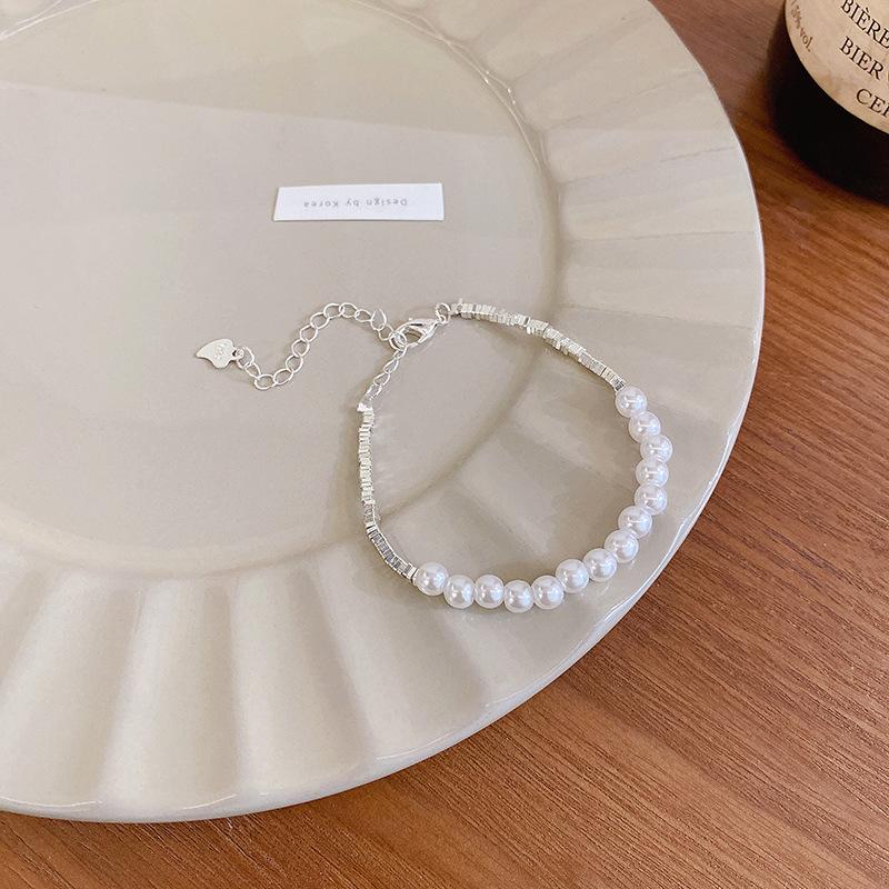 Pearl broken silver bracelet women's ins wind beaded bracelet retro simple girlfriend head