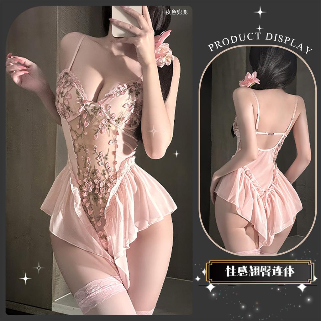 Sexy underwear suspender embroidered tight onesie pure desire tie slim gathering floral mesh strap set