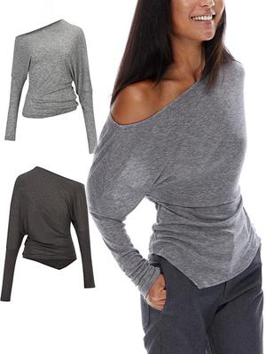 Tencel Wool Off-Shoulder Long-Sleeve Top: Slimming, Soft, and Irregular Knitwear with Two Wear Options for Women
