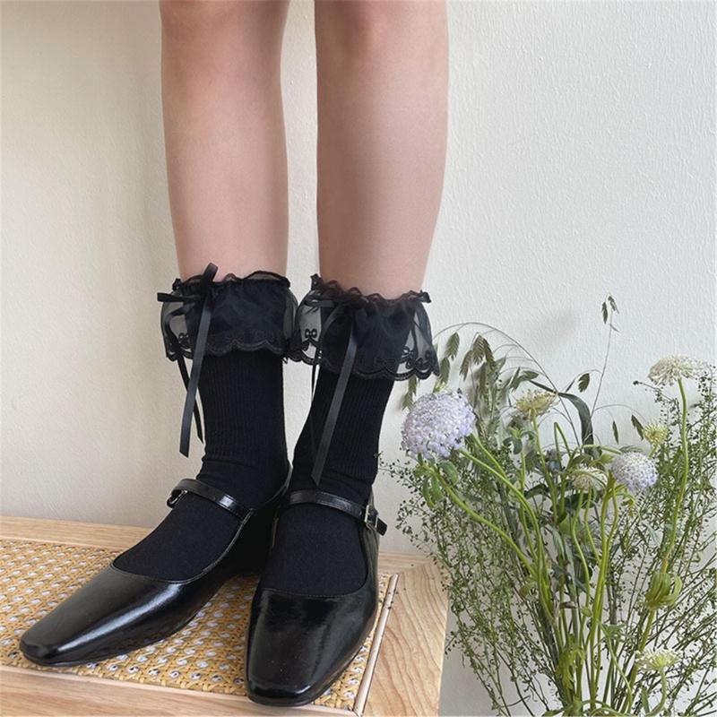 Fashionable Ruffle Mesh Splicing Ankle Socks with Bows Detail Breathable Elegant Solid Color Middle Tube Socks for Women