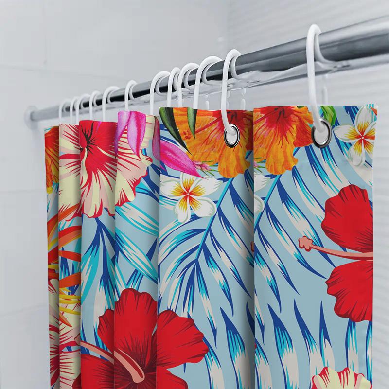 Bright Tropical Flower Shower Curtain Set Decorate Your Bathroom With This Vibrant Floral Print (Red/Orange Color) Waterproof Fa