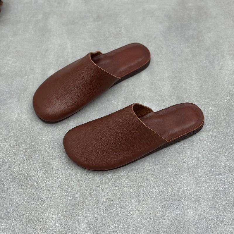 Johnature Genuine Leather Round Toe Flat Slippers Versatile And Comfortable Soft Soled Women's Slip-on Shoes