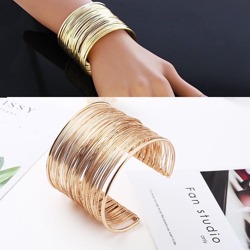 Women Multilayer Metal Wires Strings Open Bangle Wide Cuff Bracelet Jewelry