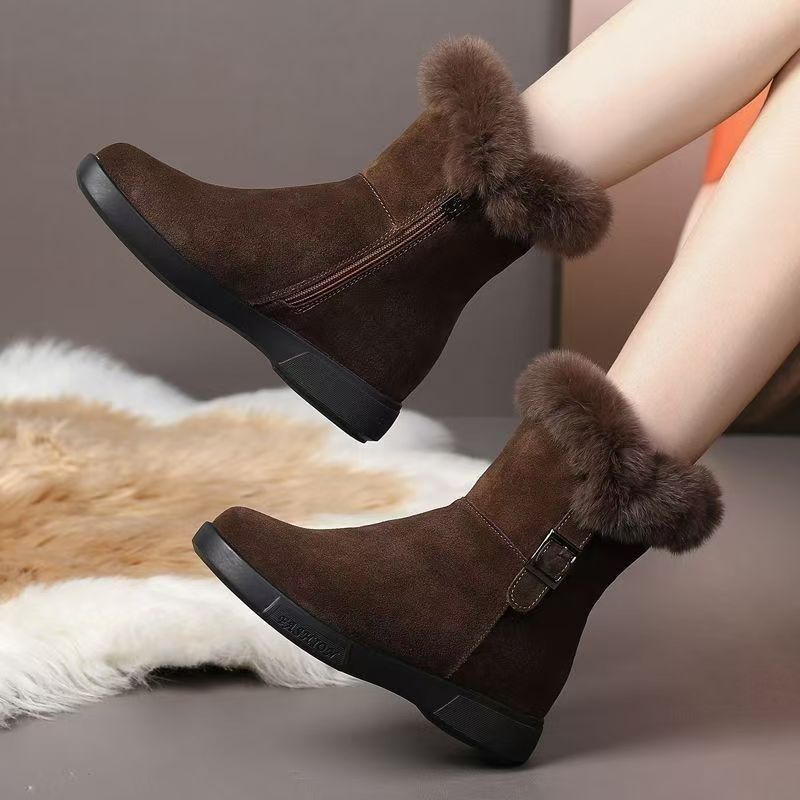 Damen Wintermode Leder Warme Schneestiefel mit Plüsch Dicken Sohlen Bequeme Rutschfeste Baumwollschuhe