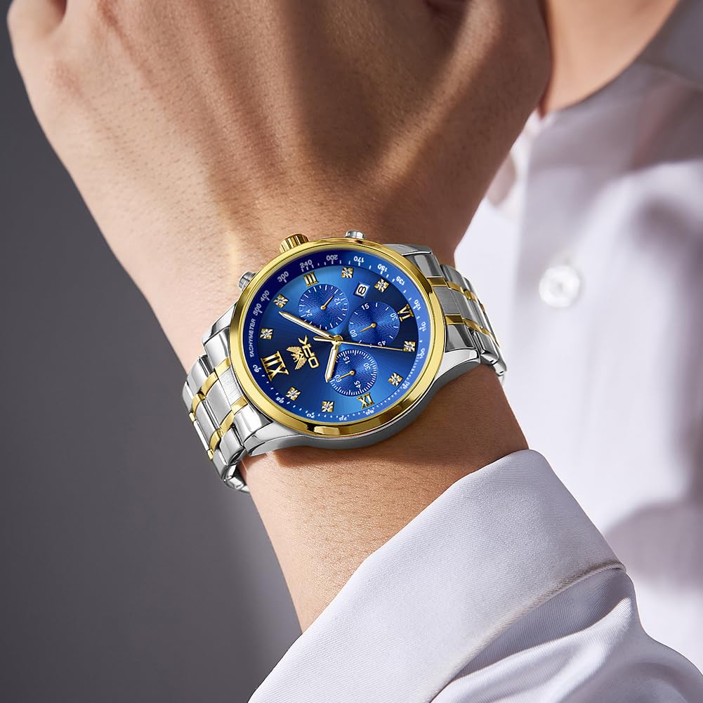 OPK Quartz Watch with Date Luminous Stainless Steel Watch for School or Gold Blue Men's Display, Waterproof, Diamonds, Stylish, Fashionable, Classic,