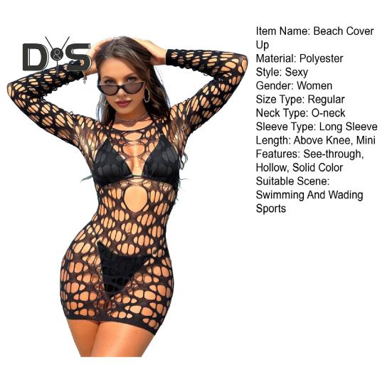 Women Beach Cover Up Round Neck Long Sleeve Hollow Design Fishnet Bikini Cover-up UV Protection Swimsuit Cover Up Dress