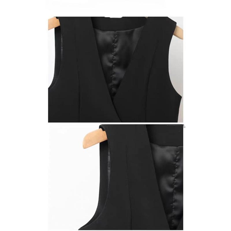 Women Brown V Neck Double Button Cropped Suit Vest Sleeveless Casual Waistcoat With Pockets