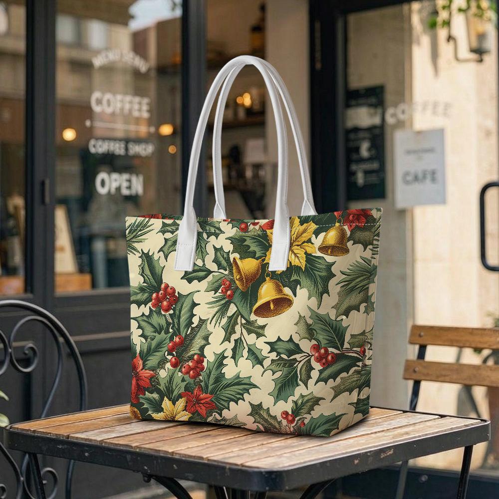 Christmas Holly Bell Printed Tote Bag Fashion Portable Daily Carry Handbag