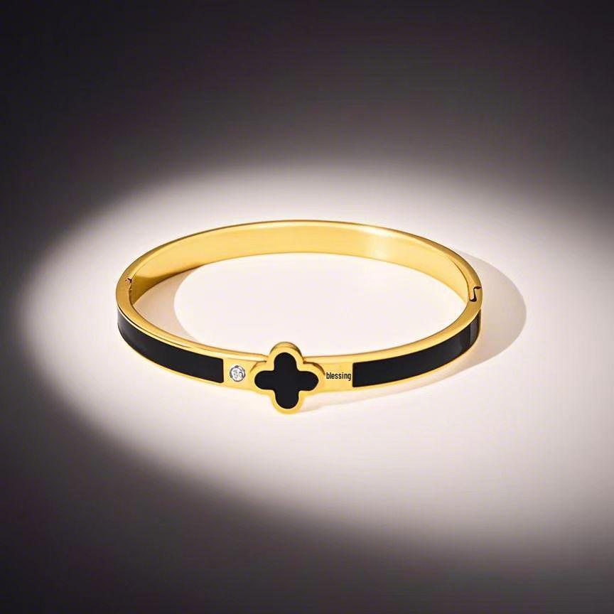 Girls' Stainless Steel Four-Leaf Clover Bracelet with High-Color Retention Enamel and Diamonds