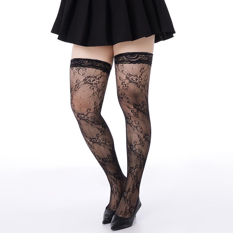 Plus Size Anti Slip Silicone Lace Fishnet Stockings For Womemesh Hollow Out Knee Socks Female Floral Solid Color Over Knee Socks
