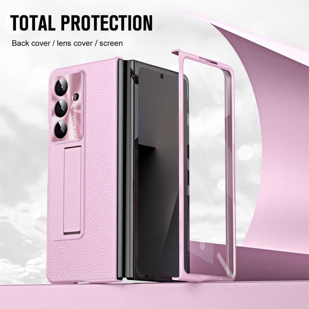 For Samsung Galaxy Z Fold7 5G Case Kickstand Leather+PC Phone Cover with Tempered Glass Film